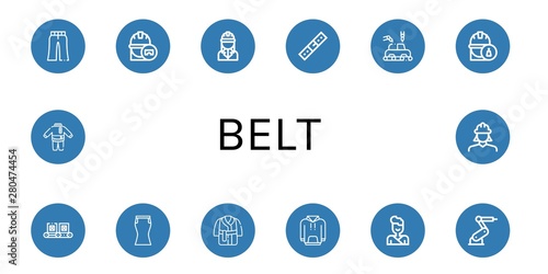 Set of belt icons such as Trousers, Engineer, Belt, Manufacture, Conveyor, Skirt, Bath robe, Hoodie, Judo, Industrial robot, Clothes , belt