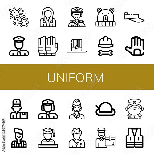 Set of uniform icons such as Paintball, Policeman, Student, Gloves, Captain, Hat, Helmet, Visor, Delivery man, Referee, Policewoman, Graduate, Air hostess, Flight attendant , uniform
