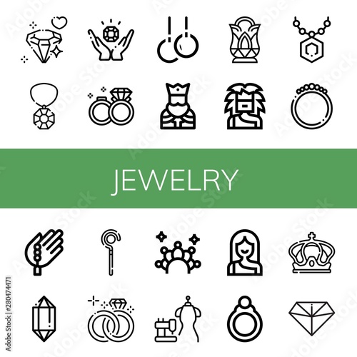 Set of jewelry icons such as Diamond, Gem, Jewelry, Wedding rings, Rings, King, Crystal, Troglodyte, Pendant, Bracelet, Bead, Sceptre, Wedding ring, Crown, Bride dress , jewelry