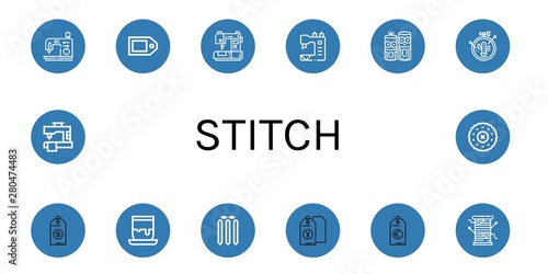 Set of stitch icons such as Sewing machine, Price tag, Model craft, Embroidery, Handicrafts, Cricket stump, Thread , stitch