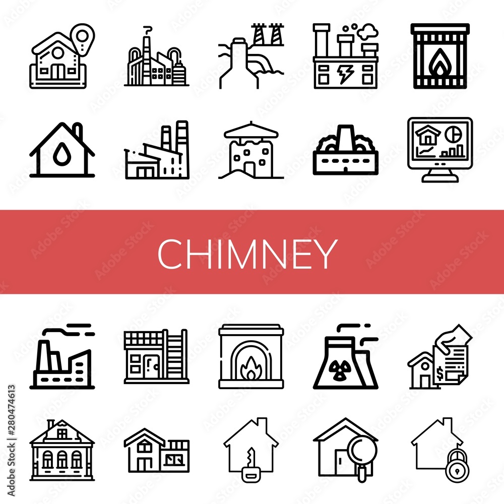 Set of chimney icons such as Home, House, Factory, Power plant, Fireplace, Izba, Nuclear plant , chimney