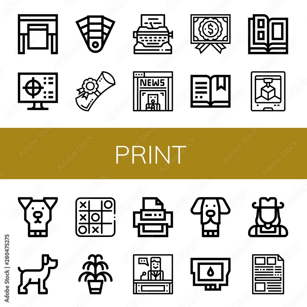 Set of print icons such as Plotter, Cmyk, Pantone, Diploma, Typewriter, News, Certificate, Catalog, d printing, Dog, Tic tac toe, Kentia, Printer, Ink cartridge, Cowgirl , print