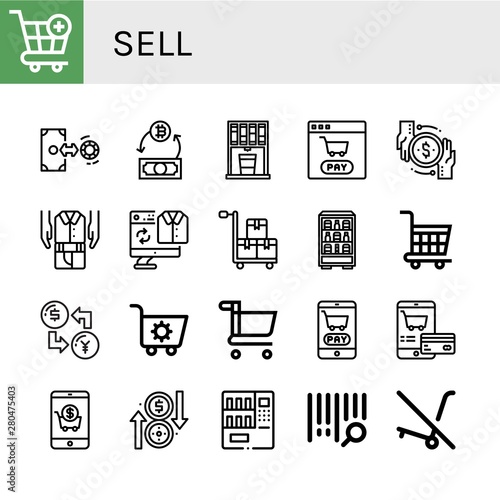 Set of sell icons such as Cart, Exchange, Vending machine, Shopping cart, Transaction, Second hand, Bar code, No trolley , sell