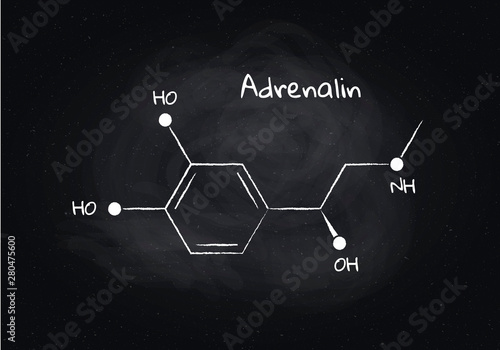 Vector adrenalin structure banner illustration. Hormone associated with adrenal response system and sport. White chalk lines isolated on black board background. Design element for pharmacy, education.