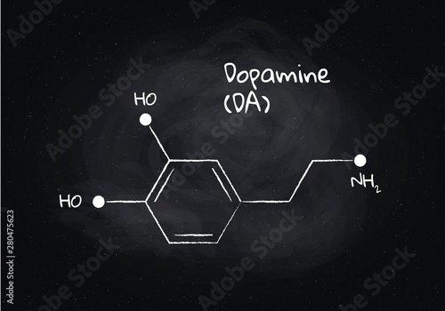 Vector dopamine structure banner illustration. Hormone associated with brain disease, addiction, cognitive. White chalk lines isolated on black board background. Design element for pharmacy, education