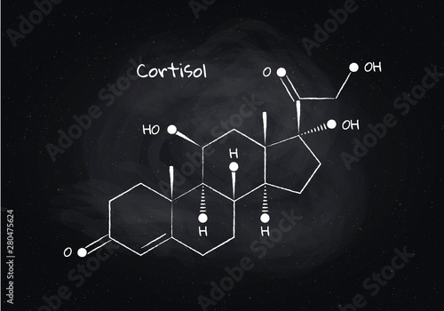 Vector cortisol structure banner illustration. Hormone Associated with adrenal response system and sleep. White chalk lines isolated on board background. Design element for pharma, education, medical.
