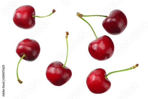 Fotobehang red cherry isolated on a white background. Top view