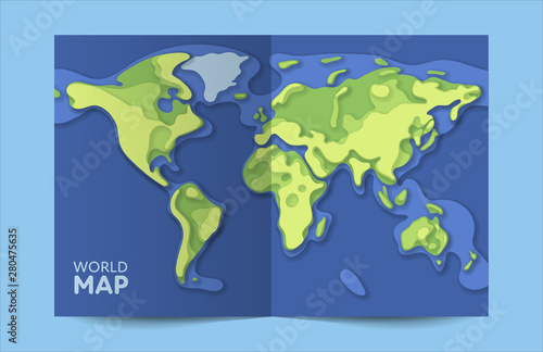 Vector paper earth world map. Modern origami style 3d blue  green  yellow color illustration of planet in card mockup Design element of worldwide for travel  infographic  report  advertisment.