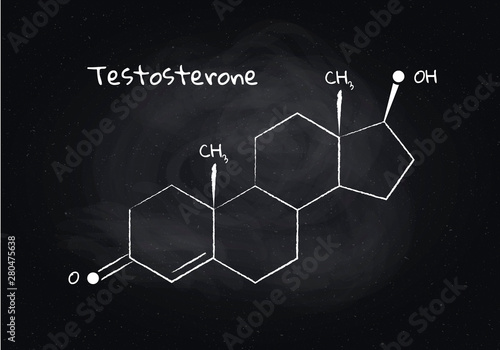 Vector testosterone structure banner illustration. Hormone associated with aggression, sex, growth, reproduction. White chalk lines isolated on board background. Design element for pharma, medical.