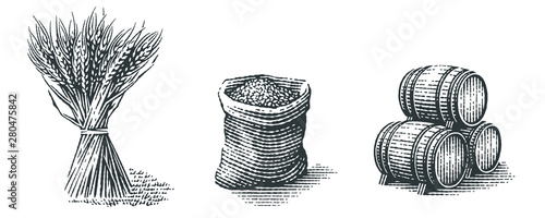 Slika na platnu Malt in burlap bag, sheaf of wheat and wood barrels