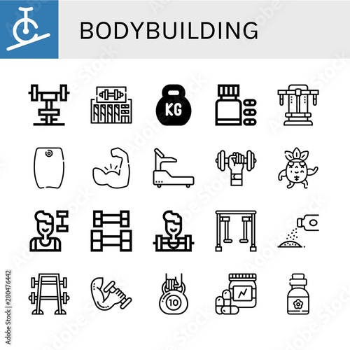 Set of bodybuilding icons such as Rope biking, Gym, Kettlebell, Vitamins, Bench press, Bodyboard, Muscle, Fitness, Dumbbell, Strong, Weightlifting, Weighlifter , bodybuilding