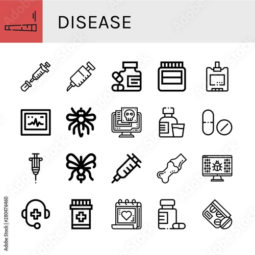 Set of disease icons such as Joint, Vaccine, Medicine, Hormones, Sugar blood level, Ecg, Mosquito, Virus, Syrup, Drug, Vaccination, Medical support, Medical appointment , disease