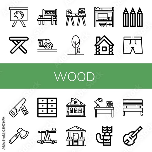 Set of wood icons such as Painting palette, Stool, Bench, Circular saw, Desk, Tree, Wooden house, Color pencils, Trunk, Hand saw, Axe, Drawer, Catapult, Izba, Hut, Quiver , wood