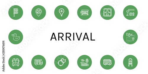 Set of arrival icons such as Bus stop, Airport, School bus, Duck , arrival