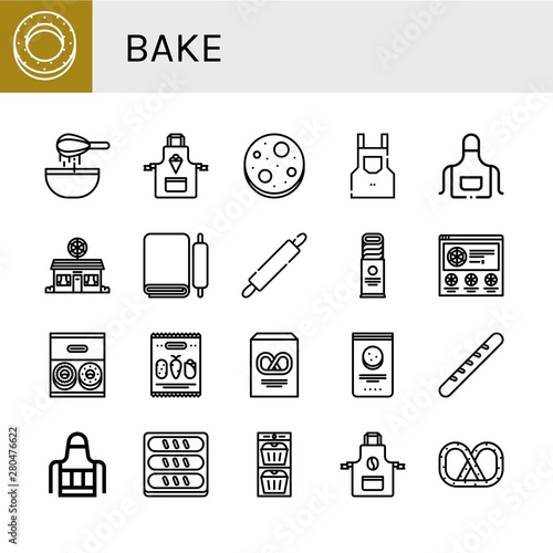 Set of bake icons such as Bagel, Dough, Apron, Chocolate chip, Pizza shop, Rolling pin, Biscuit, Pizza, Donut, Mix, Pretzel, Baguette, Bread, Muffin , bake