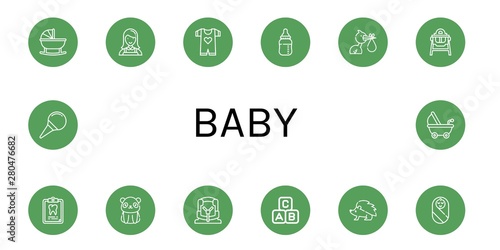 Set of baby icons such as Cradle, Nanny, Baby clothes, Baby bottle, Stork, Feeding chair, Dental record, Panda bear, Car seat, Abc block, Hedgehog, Nasal aspirator ,