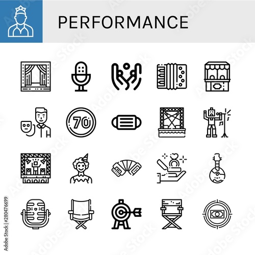 Set of performance icons such as Dancer, Stage, Microphone, Juggling, Accordion, Ticket office, Actor, Speed limit, Mask, Singer, Clown, Proposal, Domra, Directors chair , performance