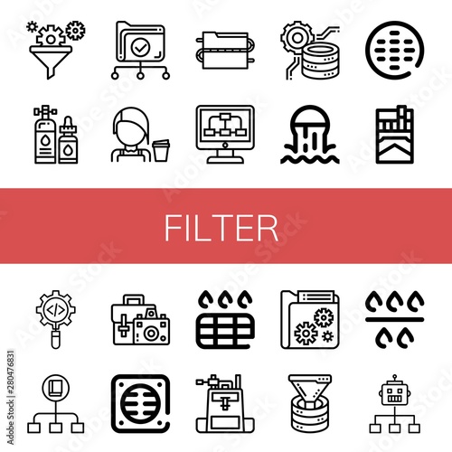 Set of filter icons such as Filter, Lubricant, Data, Barista, Data processing, Sewer, Cigarette, Process, Flow, Camera bag, Drain, Funnel , filter