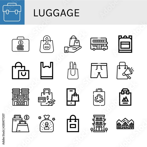Set of luggage icons such as Bag, Suitcase, Shopping bag, Touristic, School bag, Plastic Trunk, Hotel, Recycled Hotel de glace , luggage