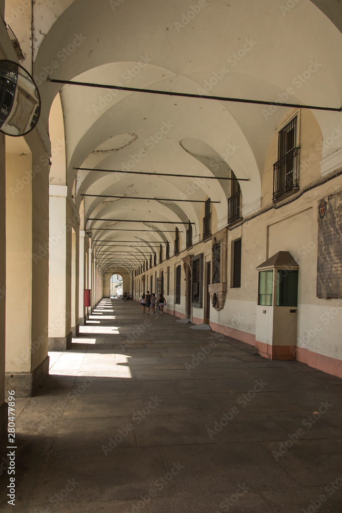Turin, Piedmont, Italy.  The famous arcades of the city