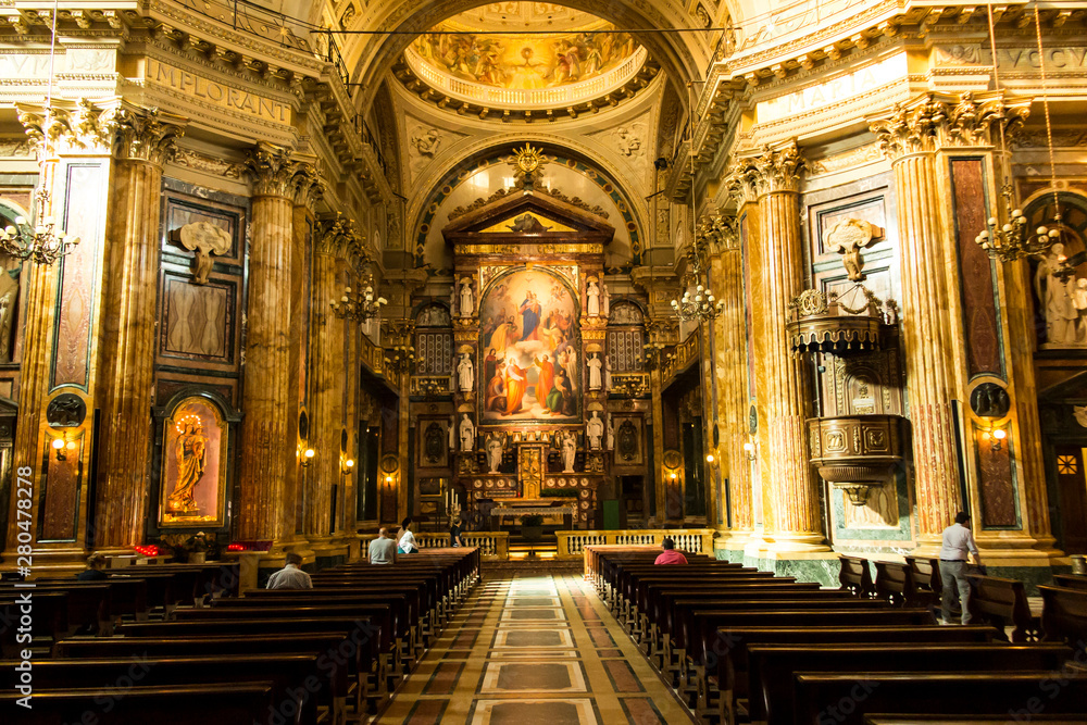 Turin, Italy, 27 June 2019: Interior of the Salesian Church of Our Lady Help of Christians in Turin, Italy