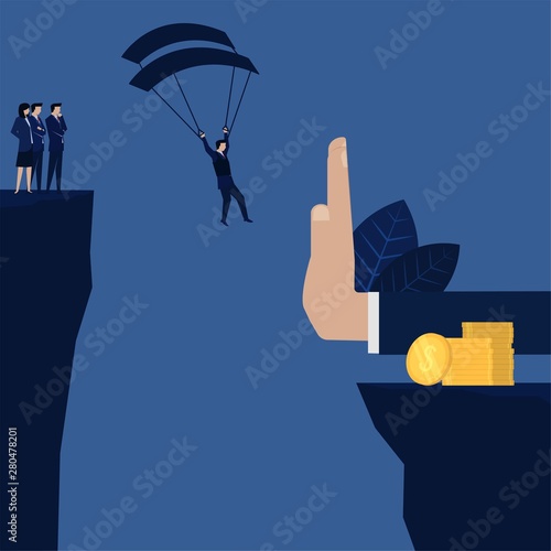 Businessman landing to coins stack but stopped by hand metaphor of profit and loss.