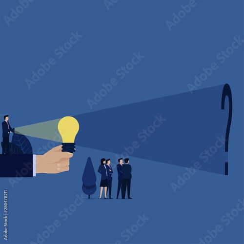 Business manager light up idea bulb and find question mark behind metaphor of seek the truth.