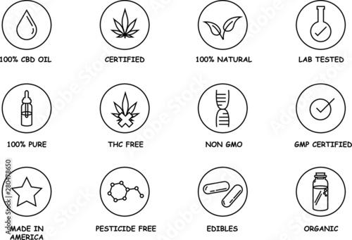 CBD oil icon set with elements such as non gmo, thc free, natural, CBD oil,  eye dropper, warning label, and made in America