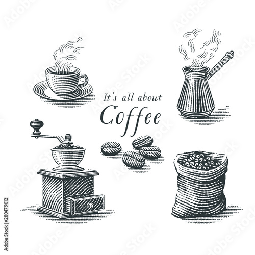 Turkish cezve pot, cup of hot drink, coffee beans, grinder and coffee sack bag. Hand drawn engraving style illustrations.
