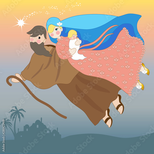 Mary Joseph and Jesus in flight which represents the extraordinary event of the nativity 'for the salvation