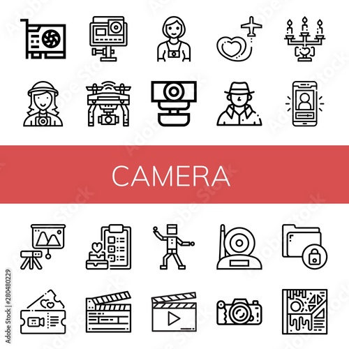 Set of camera icons such as Video card, Photographer, Action camera, Drone, Webcam, Travel, Detective, Wedding, Vlog, Projector, Romantic, Clapperboard, Funky, Camera ,