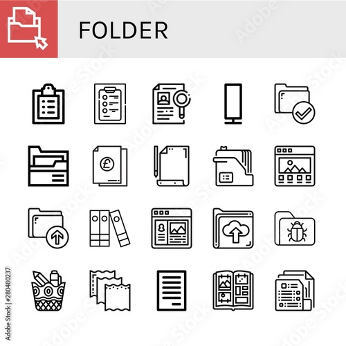 Set of folder icons such as Folder, Medical record, Diagnosis, Dossier, Paper lamp, Document, Paper, Portfolio, Upload, Files, Stationery, File, Photo album , folder