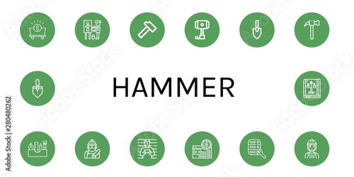 Set of hammer icons such as Mine, Painter, Hammer, Trowel, Painting tools, Carpenter, Prisoner, Mining, Maintenance, Builder, Law book , hammer