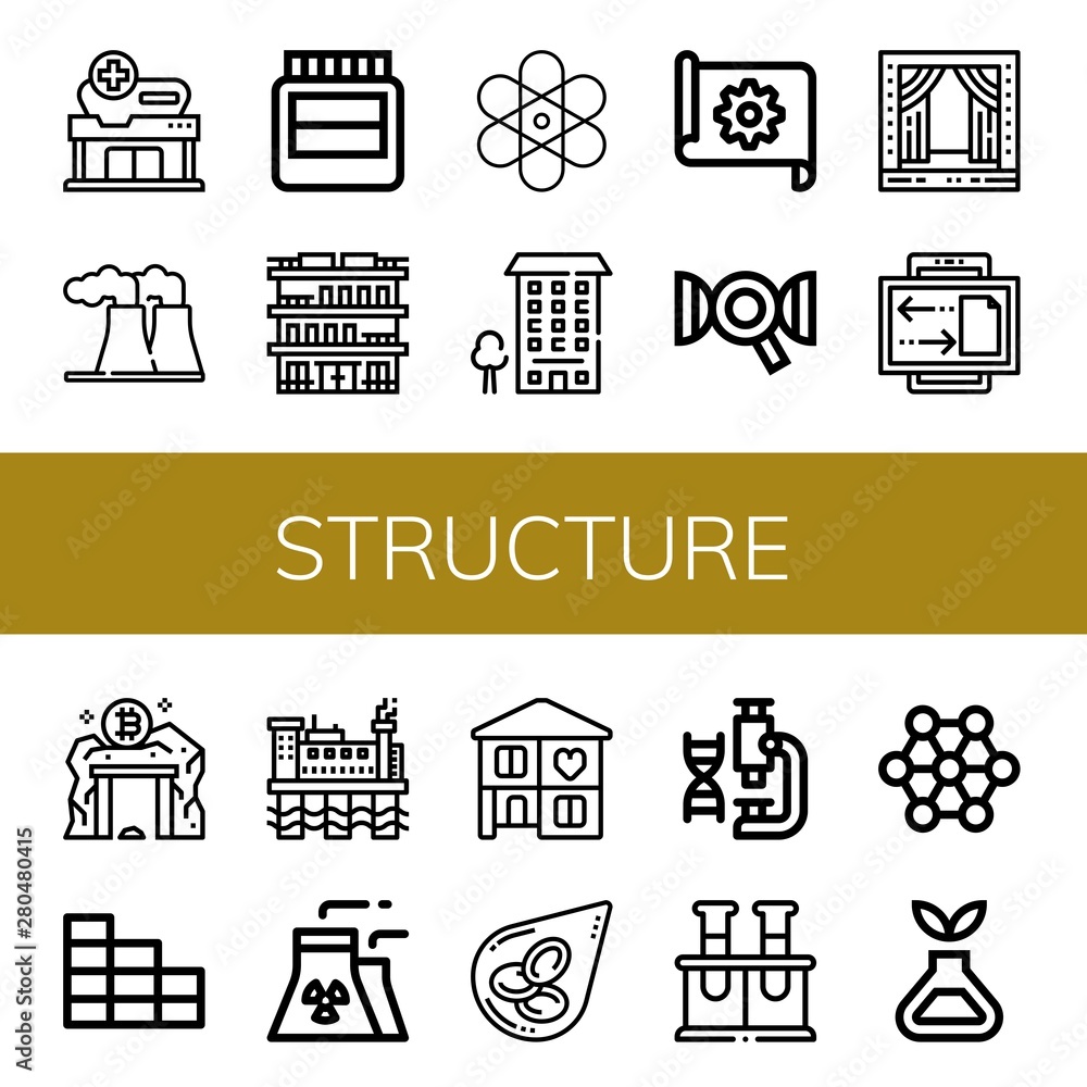 Fototapeta Set of structure icons such as Hospital, Power plant, Hormones, Building, Atom, Apartment, Blueprint, Dna, Stage, Connection, Data mining, Brick wall, Oil rig, Nuclear plant , structure
