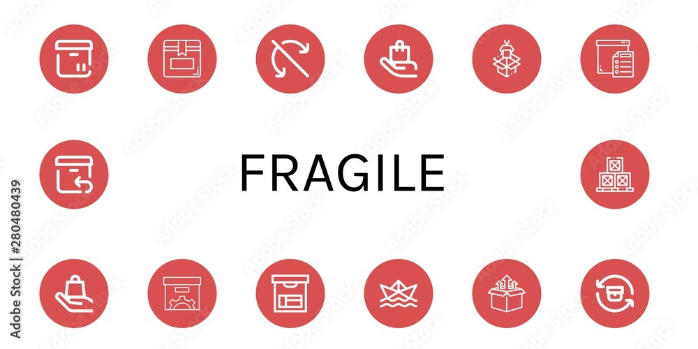 Set of fragile icons such as Box, Do not roll, Handle with care, Packaging, Paper ship, Return, Boxes , fragile Set of fragile icons such as Box, Do not roll, Handle with care, Packaging, Paper ship, Return, Boxes , fragile