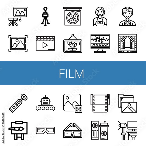 Set of film icons such as Projector, Picture, Tripod, Clapperboard, Studio, Photographer, Sound editing, Stage, Action camera, Easel, Production, d glasses, Image, Film , film