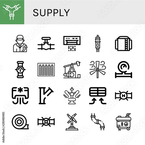 Set of supply icons such as Pipes, Plumber, Pipe, Air conditioner, Cartridge, Storage tank, Color pencils, Pumpjack, Wind turbine, Water meter, Water pipe, Duct tape , supply