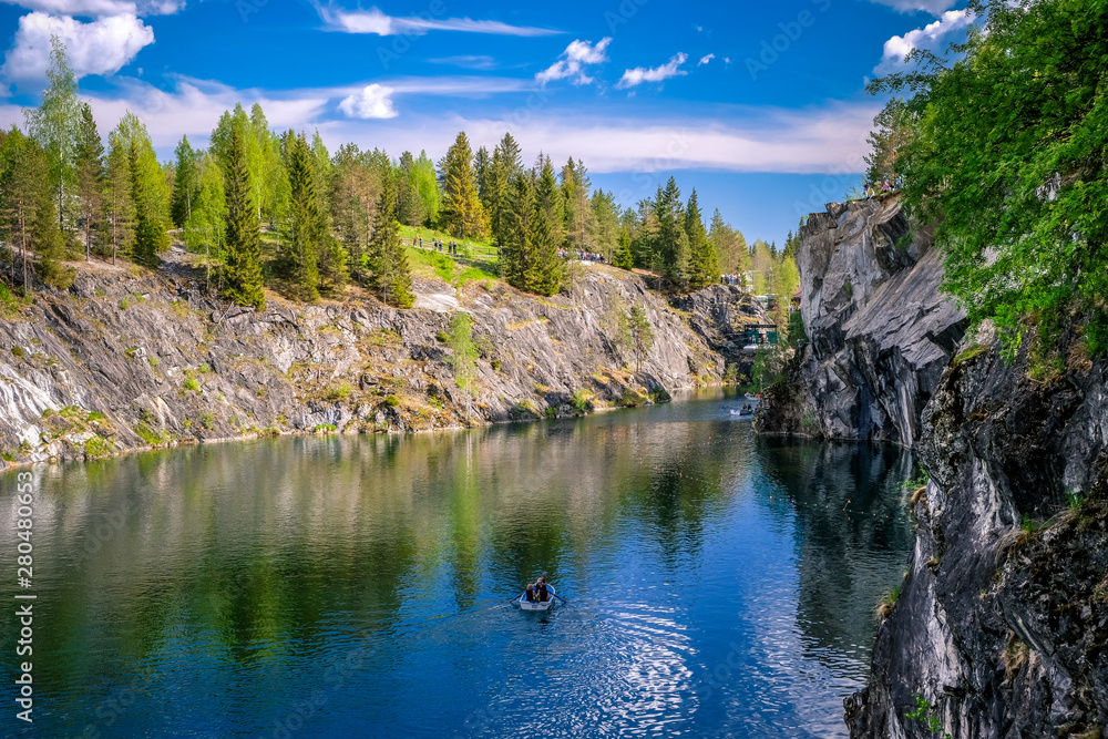 Ruskeala Mountain Park - a centuries-old history of mining. The indescribable beauty of natural marble in the wild. Karelia. Russia.