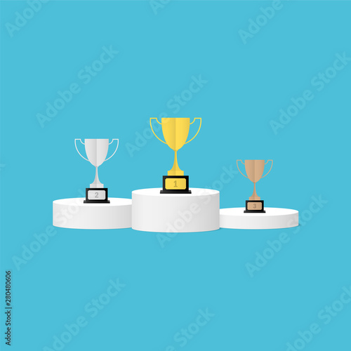 White winners podium with winners cup. Pedestal. Vector illustration