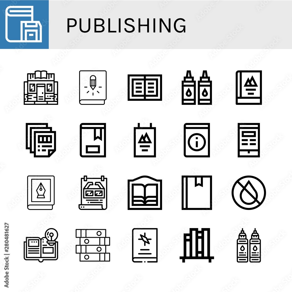 Set of publishing icons such as Book, Bookstore, Ink, Printing, Poster, Books, Book shelf , publishing Set of publishing icons such as Book, Bookstore, Ink, Printing, Poster, Books, Book shelf , publishing
