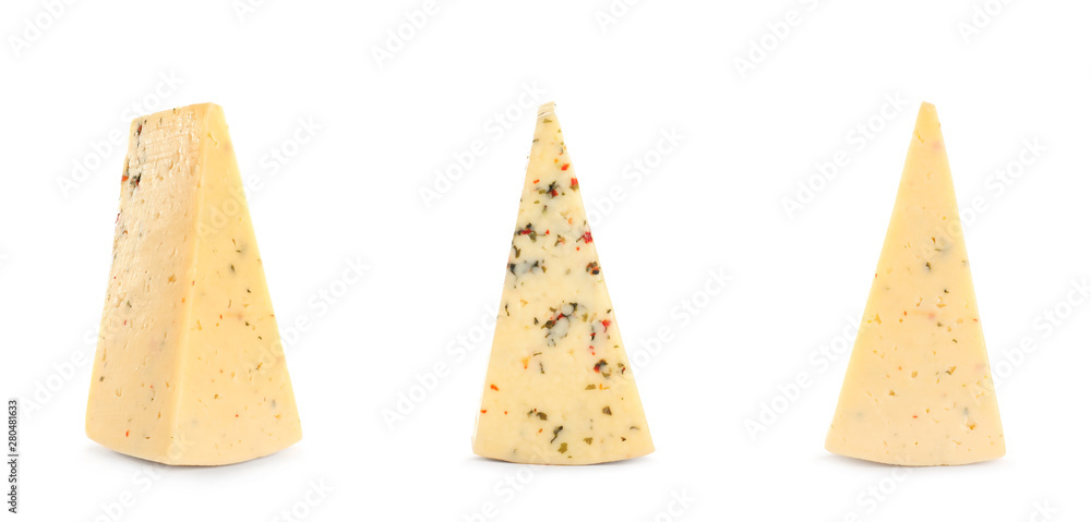 Set of delicious cheese on white background Set of delicious cheese on white background