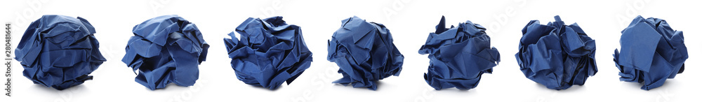 Set with blue paper balls on white background. Banner design