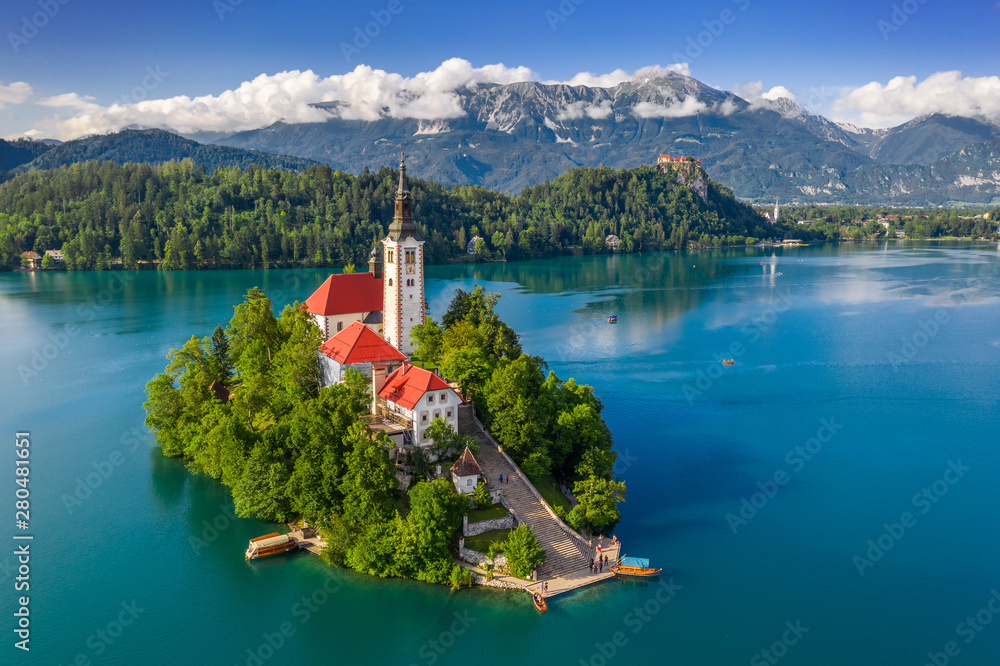 Bled, Slovenia - Aerial view of beautiful Lake Bled (Blejsko Jezero) with  the Pilgrimage Church of the