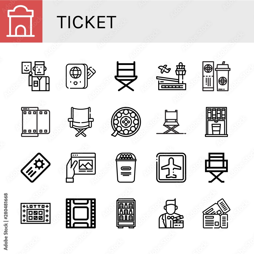 Set of ticket icons such as Ticket office, Actor, Passport, Directors chair, Airport, Ticket, Film, Director chair, Vending machine, Coupon, Travel, Popcorn, Lotto, Tickets , Set of ticket icons such as Ticket office, Actor, Passport, Directors chair, Airport, Ticket, Film, Director chair, Vending machine, Coupon, Travel, Popcorn, Lotto, Tickets ,