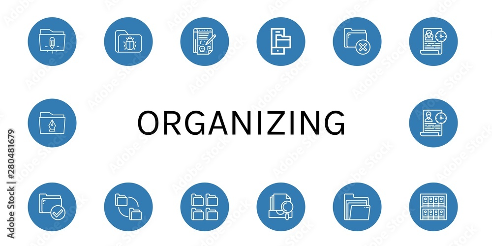 Set of organizing icons such as Folder, Notepad, Time management, Folders, Archive, Binders , organizing Set of organizing icons such as Folder, Notepad, Time management, Folders, Archive, Binders , organizing