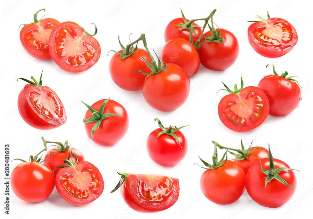 Branch of fresh cherry tomatoes isolated on white Branch of fresh cherry tomatoes isolated on white