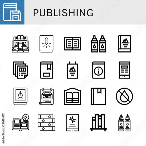 Set of publishing icons such as Book, Bookstore, Ink, Printing, Poster, Books, Book shelf , publishing