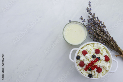 Bowl with cottage cheese and fresh berries on light background