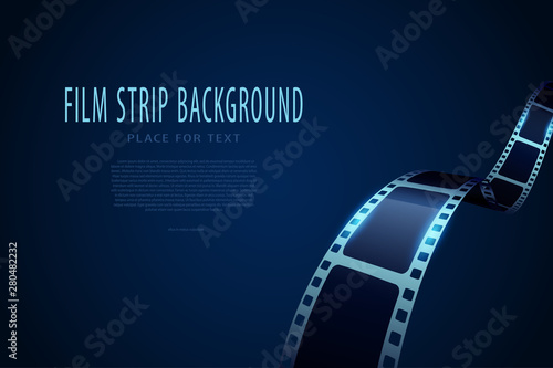 Modern 3d realistic film strip isolated on blue background. Vector cinema festival. Film reel stripe cinema. Movie and film template can be used of backdrop, brochure, leaflet, poster, banner or flyer