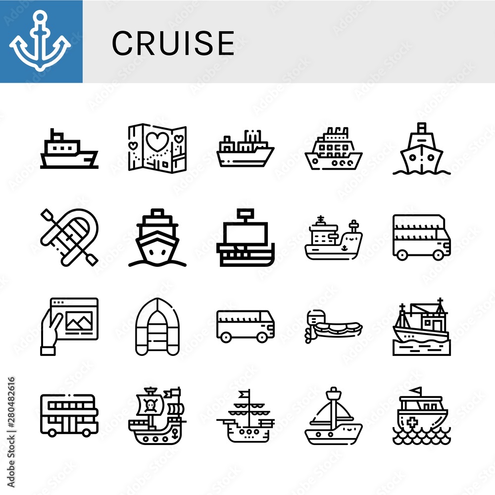 Fototapeta premium Set of cruise icons such as Anchor, Ship, Travel, Cargo ship, Cruise, Inflatable boat, Caravel, Bus, Motorboat, Boat, Touristic, Pirate ship, Sailboat, Rescue boat , cruise